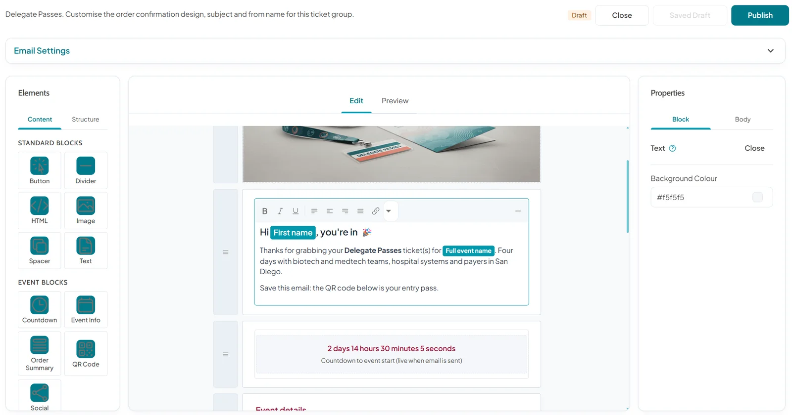 Confirmation email designer for the delegate ticket group with content blocks, a text block using first name and event name merge tags, and a countdown block