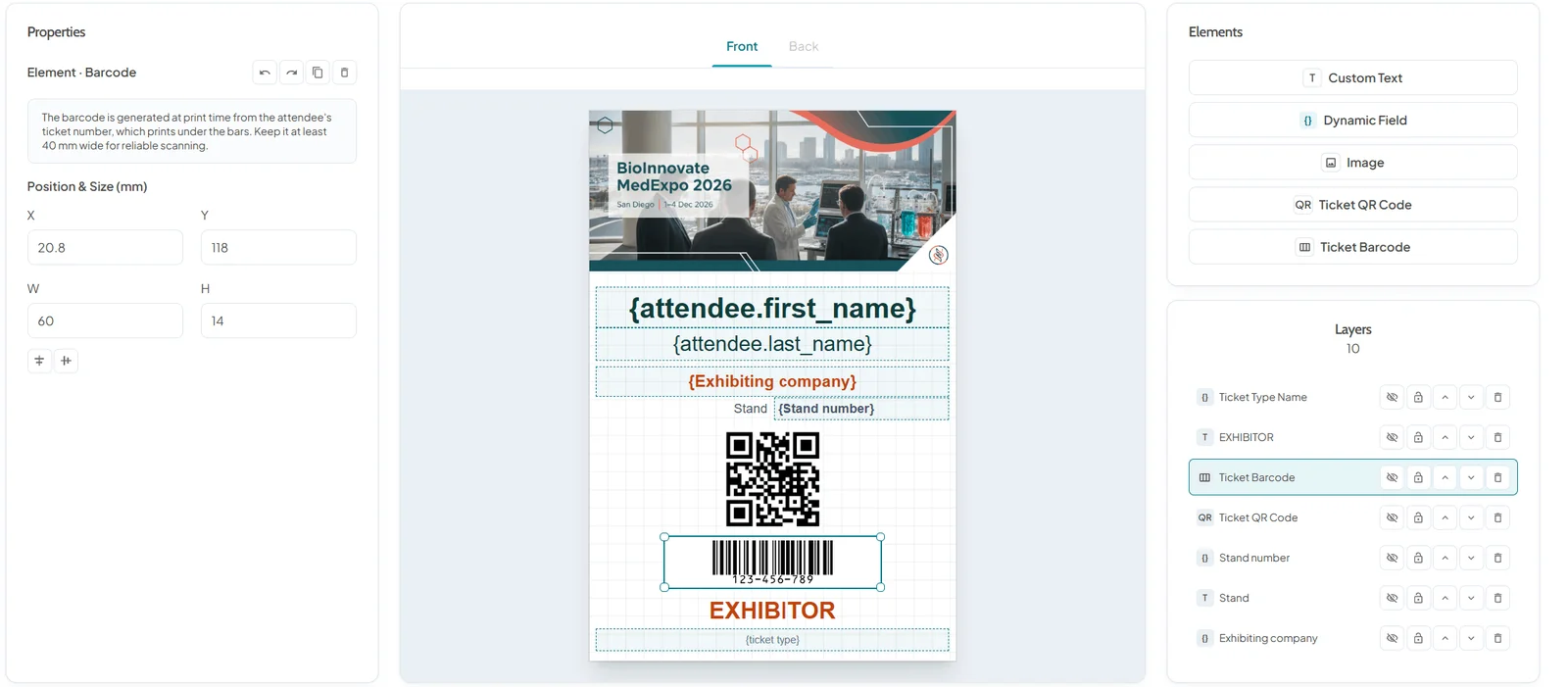 Badge designer with the ticket barcode selected on an exhibitor badge, its note that the barcode is generated at print time from the ticket number, position and size fields, and the Ticket Barcode element in the layers list