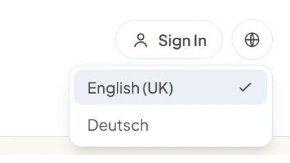 Language menu open in an event website header, offering English (UK), which is selected, and Deutsch
