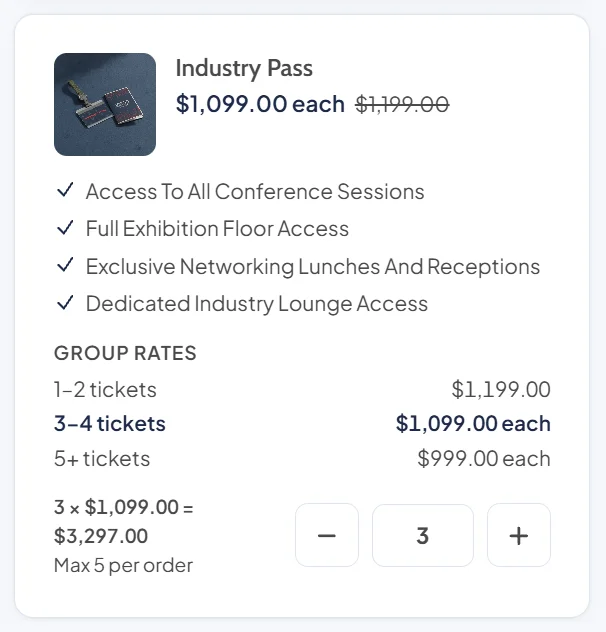 Ticket card on a public event page with a group rates ladder, three tickets chosen and a running total