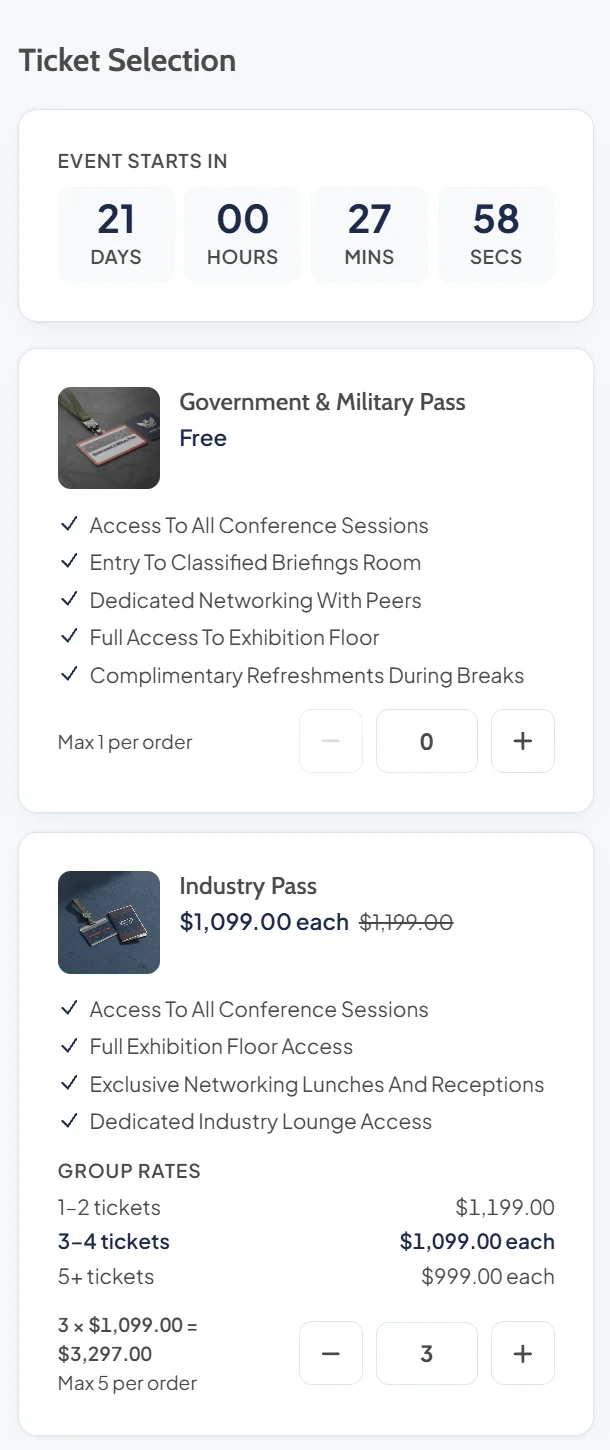 Public ticket selection column with a countdown, a free government and military pass, and an industry pass whose group rates lower the price for three tickets