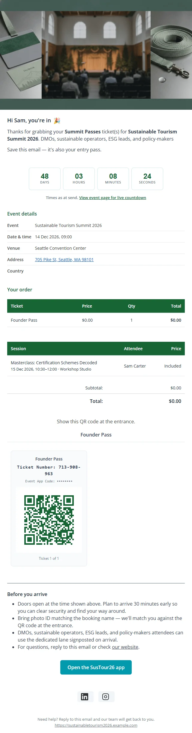 Booking confirmation email for Sustainable Tourism Summit 2026 with the event banner, a countdown, event details, the order, a booked masterclass, a ticket card with ticket number and QR code, arrival tips and an Open the app button