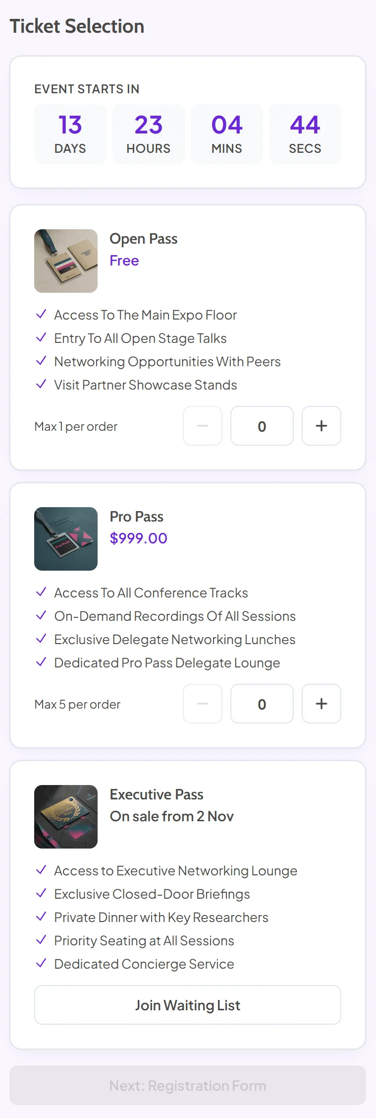 Ticket selection column with a countdown to the event, a free pass, a paid pass and an Executive Pass on sale from 2 Nov with a Join Waiting List button