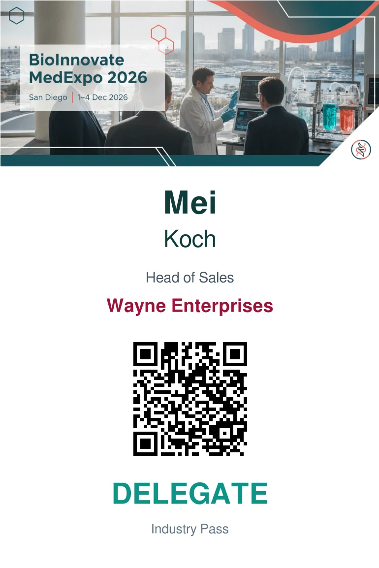Printed delegate badge for BioInnovate MedExpo 2026 with the event banner, Mei Koch, Head of Sales at Wayne Enterprises, a QR code and DELEGATE