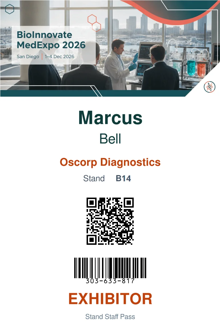 Printed exhibitor badge for BioInnovate MedExpo 2026 with Marcus Bell of Oscorp Diagnostics, stand B14, a QR code, a ticket number barcode and EXHIBITOR in orange