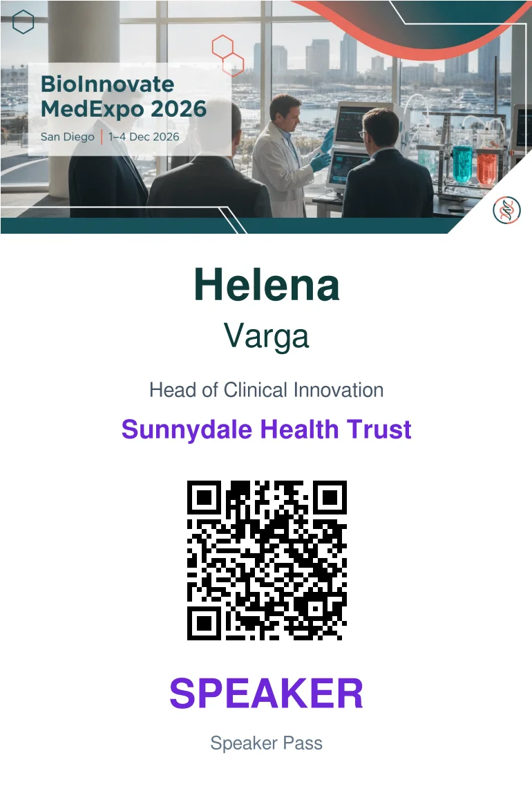 Printed speaker badge for BioInnovate MedExpo 2026 with Helena Varga, Head of Clinical Innovation at Sunnydale Health Trust, a QR code and SPEAKER in violet