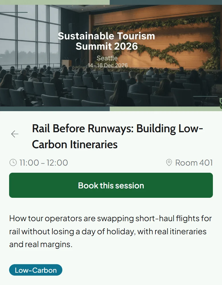 Session page in the event app for Rail Before Runways with the time, room, a Book this session button, the description and its track