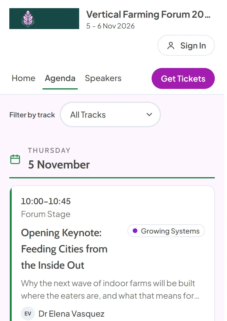 Event website agenda on a phone with the site header, a track filter and the opening keynote card with its time, room, track, summary and speaker