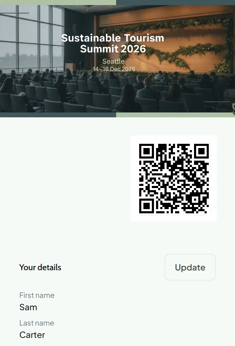 Profile screen in the event app with the attendee's ticket QR code and their details below
