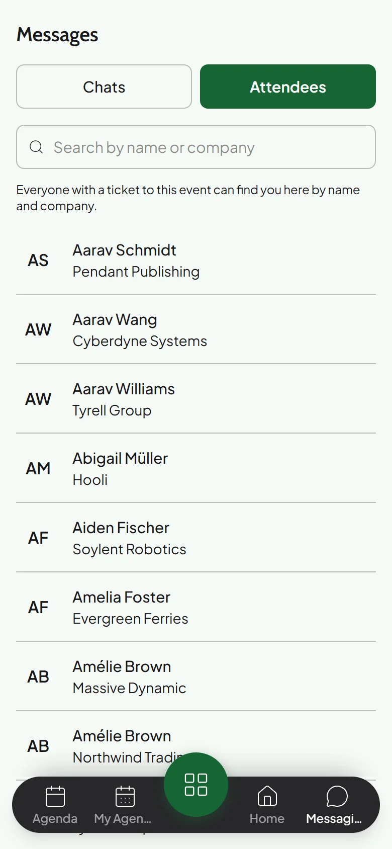 Messages screen in the event app on the Attendees tab with a search box and a list of attendees with their companies