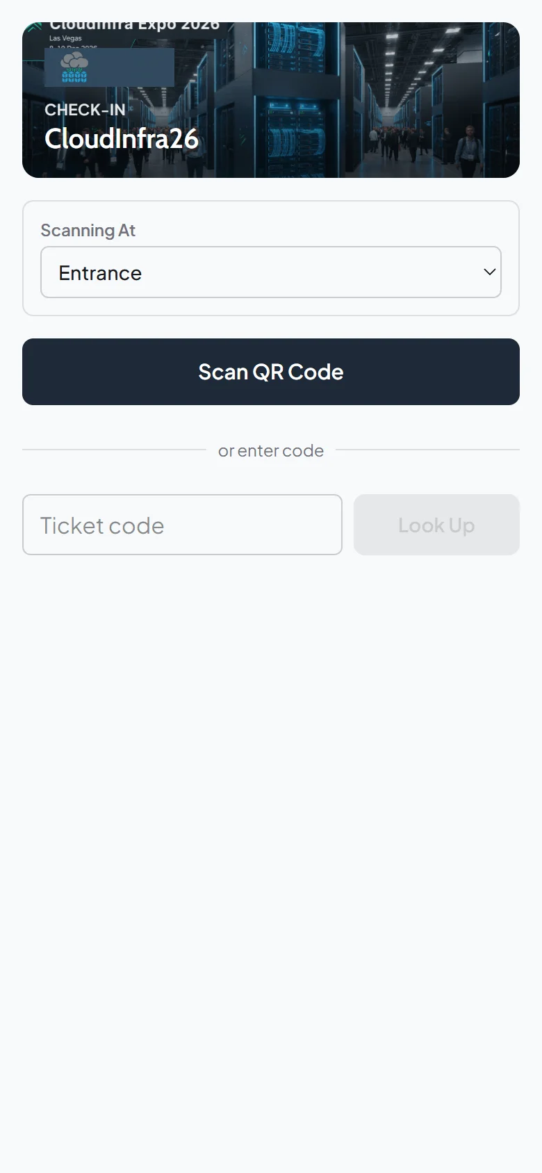 Door check-in page on a phone for CloudInfra Expo 2026, set to the Entrance, with a Scan QR Code button and a field to type a ticket code