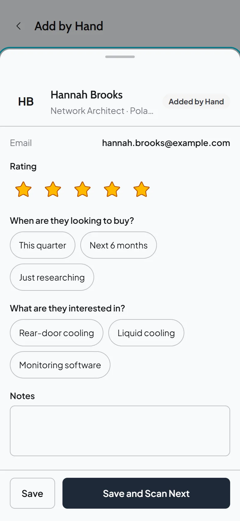 Lead sheet in the event app for Hannah Brooks of Polar Bay Networks with five stars selected, above the exhibitor's two questions and a notes box