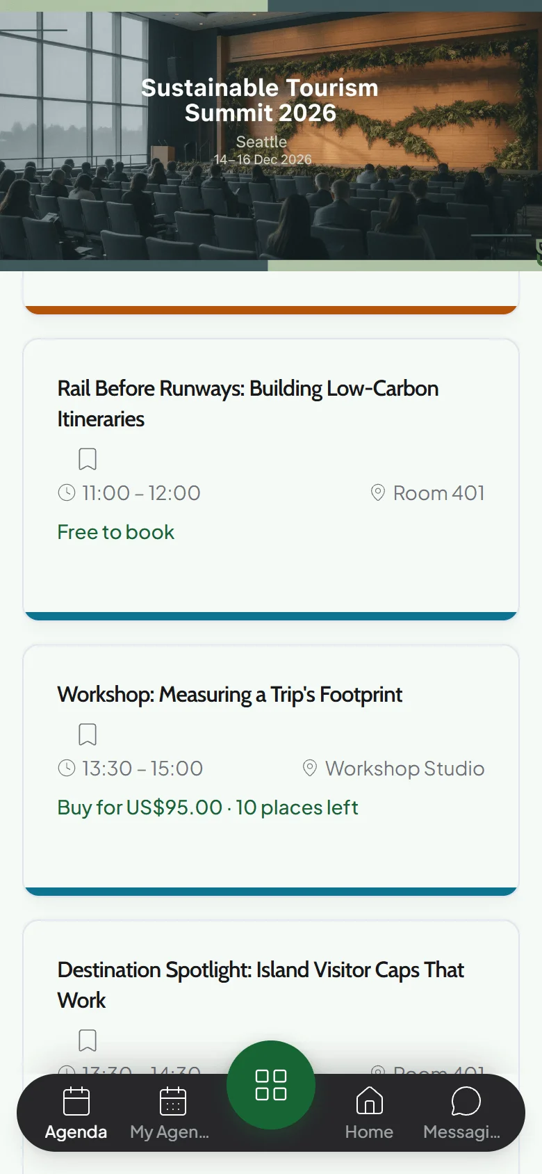 Event app agenda on a phone listing Rail Before Runways as free to book and a paid workshop at 95 US dollars with 10 places left