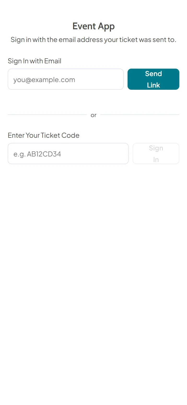 Event app sign in screen on a phone offering a sign in link by email or a ticket code