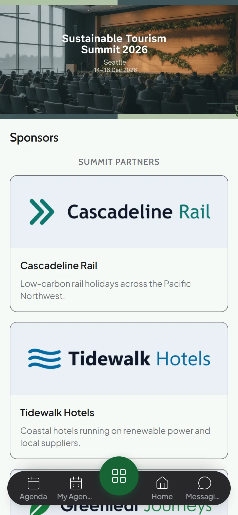 Sponsors screen in the event app grouped by tier, with Summit Partners such as Cascadeline Rail shown with their logos and one line each