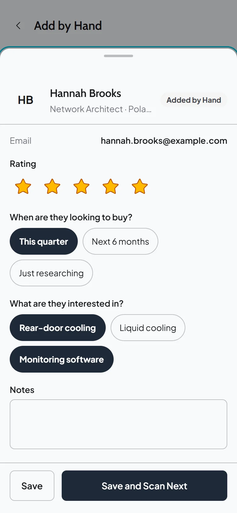 Lead sheet with the exhibitor's own questions answered: looking to buy this quarter, interested in rear-door cooling and monitoring software, plus a five star rating