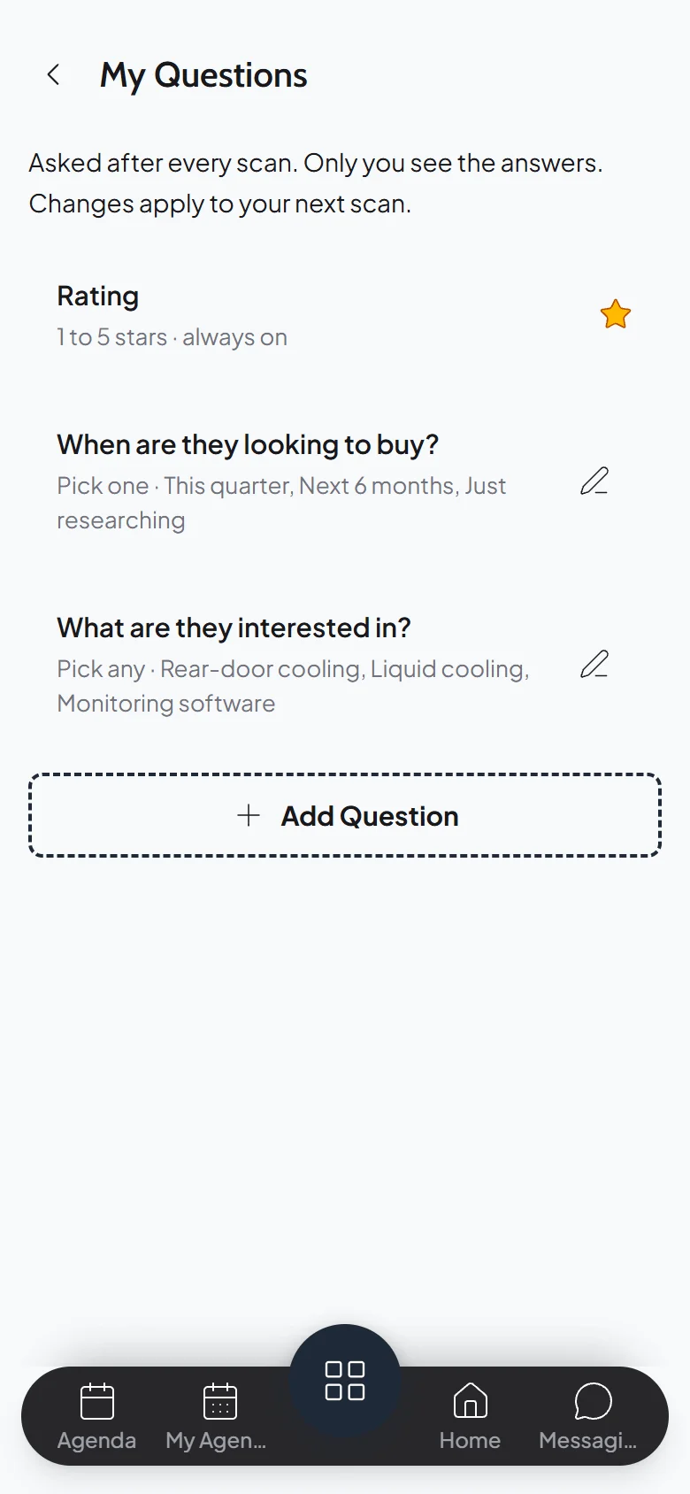 My Questions screen in the event app: rating is always on, plus two questions, when are they looking to buy and what are they interested in, and an Add Question button