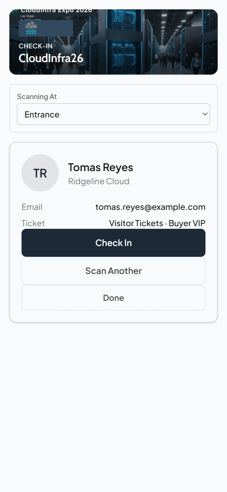 Phone check-in screen showing Tomas Reyes of Ridgeline Cloud with his email and Buyer VIP ticket, and a Check In button