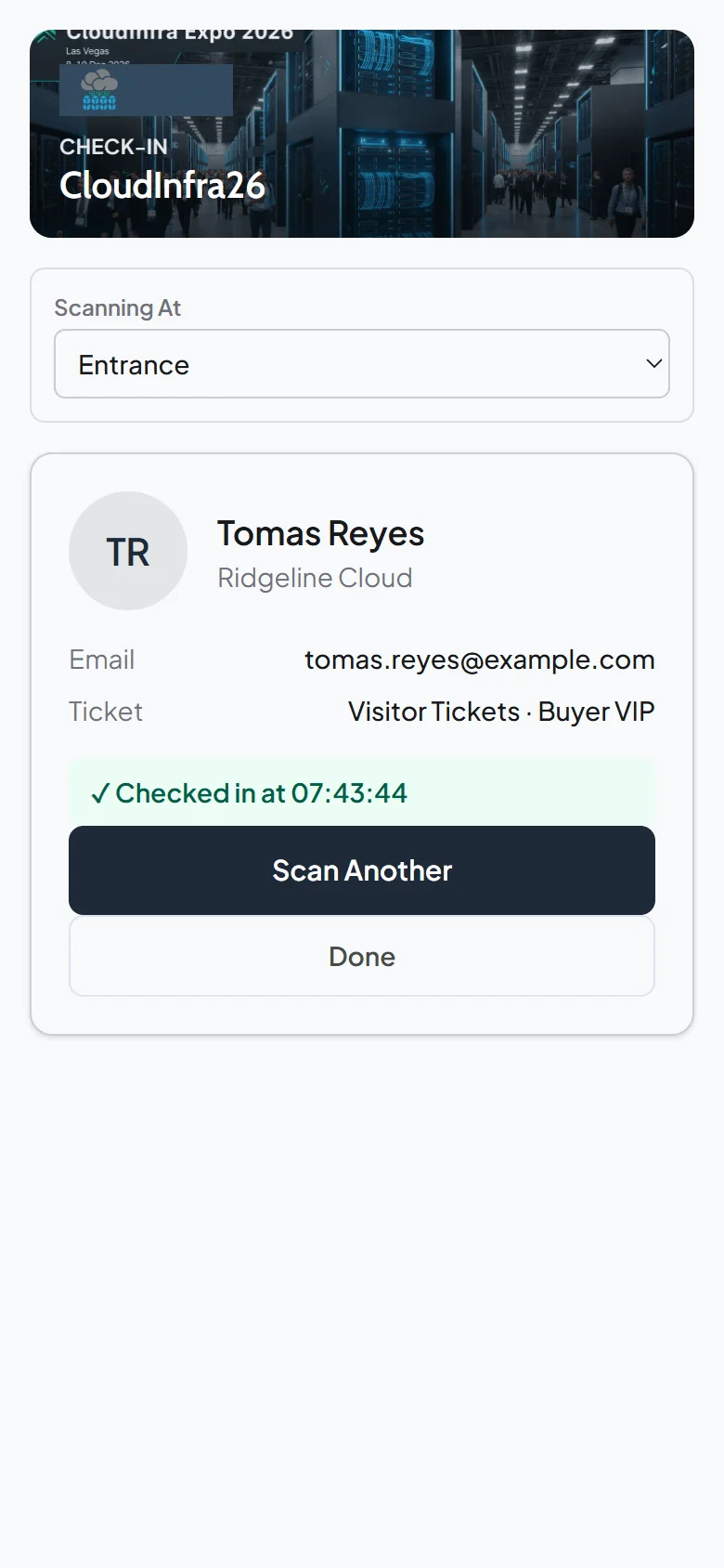 Phone check-in screen confirming Tomas Reyes is checked in at 07:43:44, with Scan Another and Done buttons