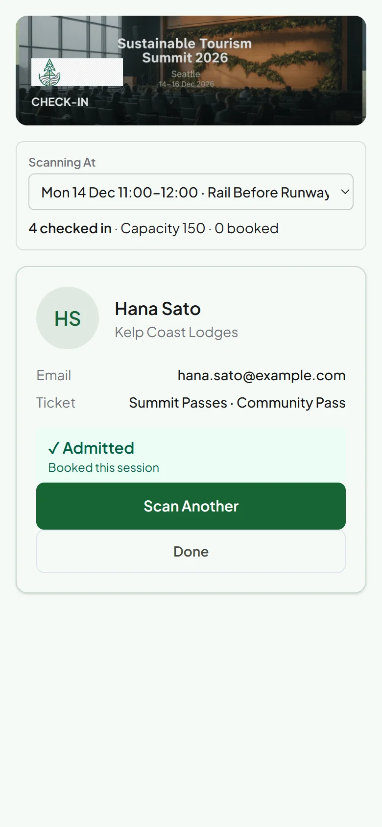 Phone check-in screen at the door of the Rail Before Runways session showing Hana Sato admitted because she booked it, with 4 checked in against a capacity of 150