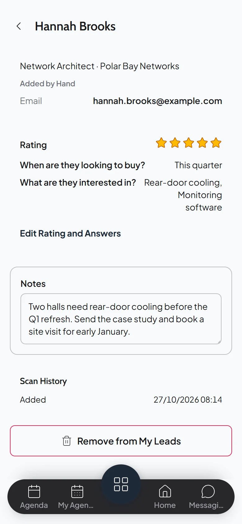Saved lead in the event app for Hannah Brooks with her job and company, email, five stars, both answers, the notes and when she was added