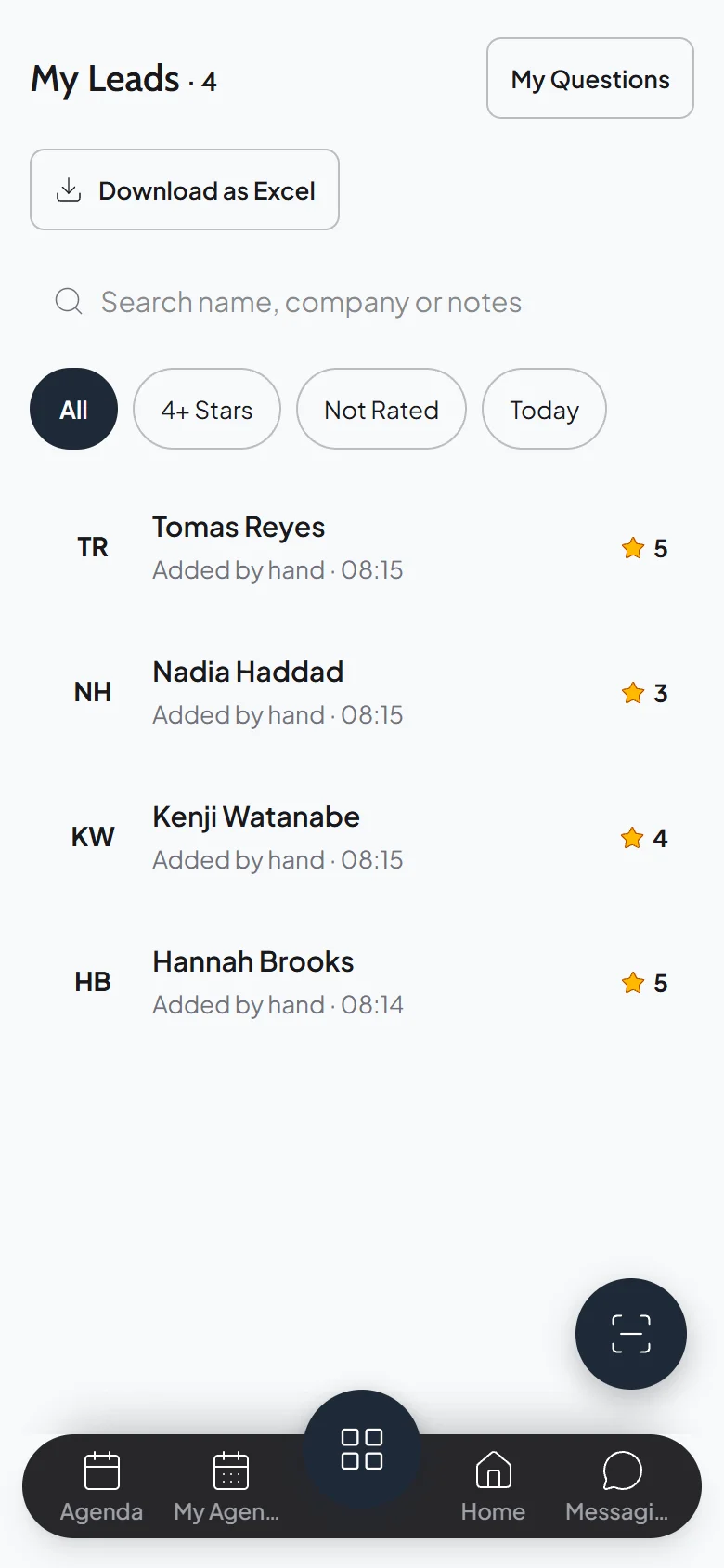 My Leads in the event app with four leads, each with a star rating and time, a Download as Excel button, search and filters for 4+ stars, not rated and today