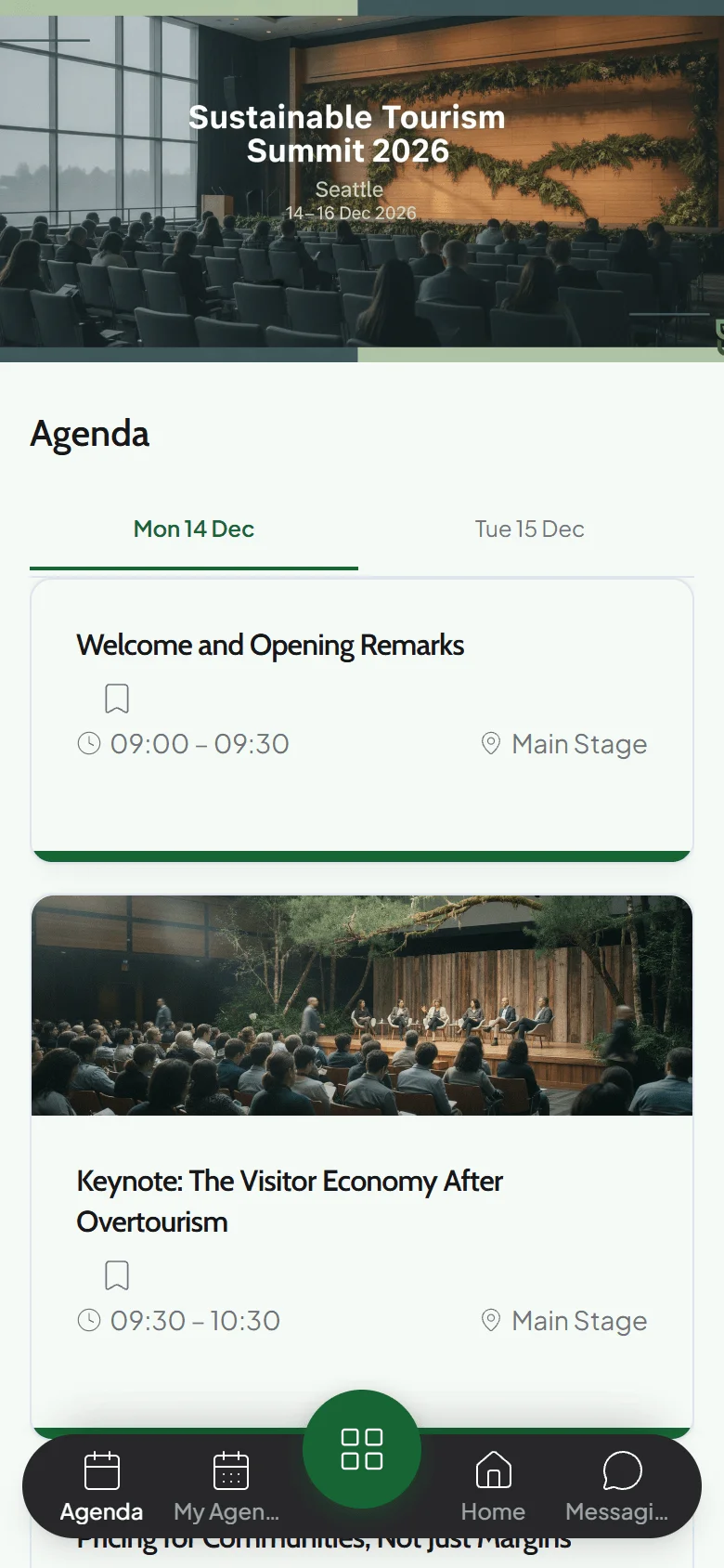 Agenda in the attendee event app on a phone with a tab for each day and session cards with a bookmark icon, time and room, starting with the welcome and the opening keynote