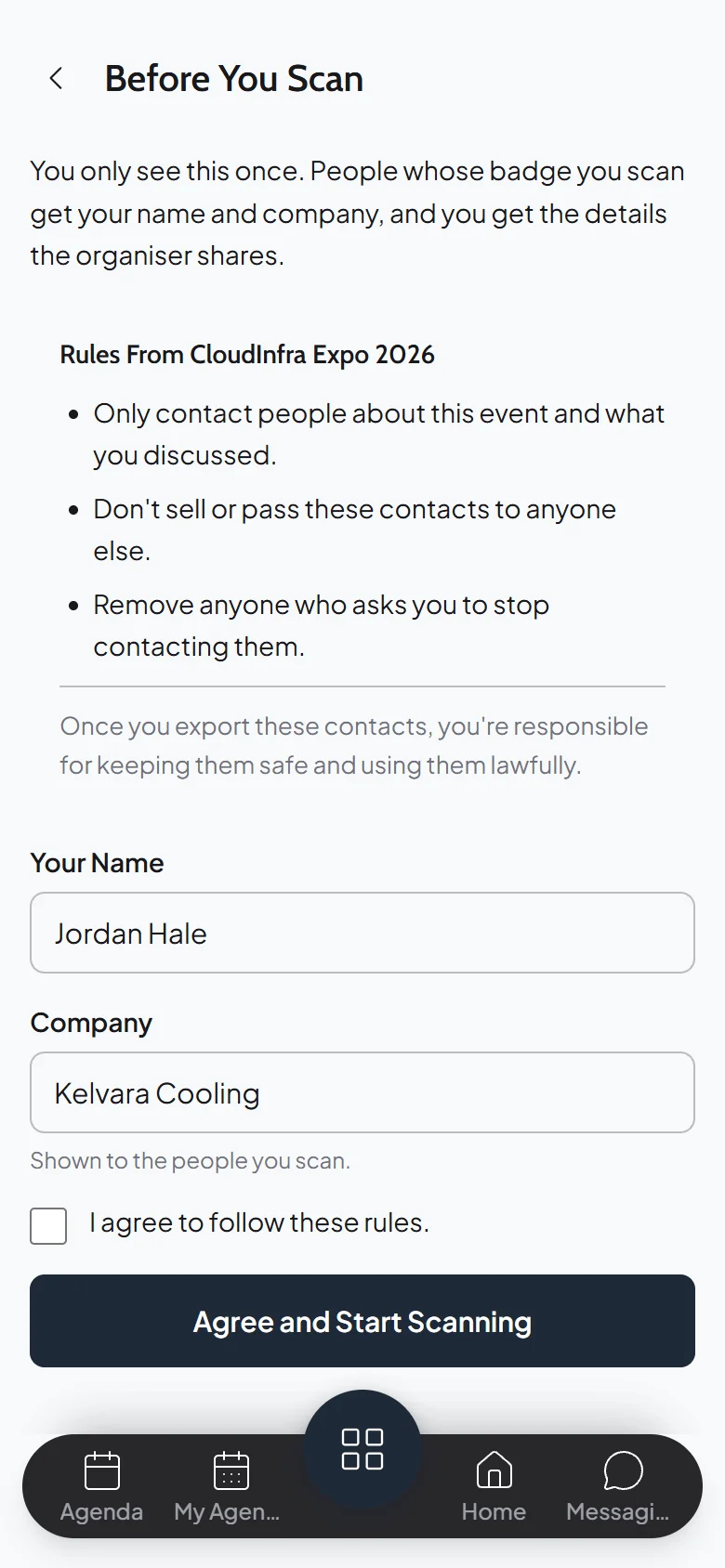 Before You Scan screen in the event app listing the organiser's rules for using scanned contacts, with the exhibitor's name and company and an I agree box