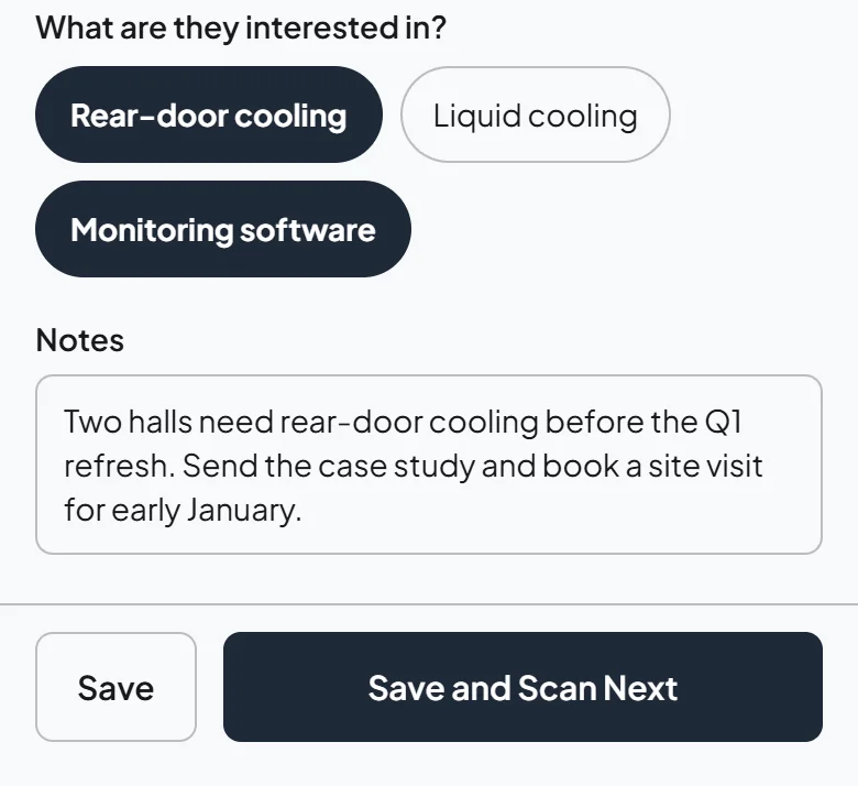 Notes on a lead in the event app saying two halls need rear-door cooling before the Q1 refresh, with Save and Save and Scan Next buttons
