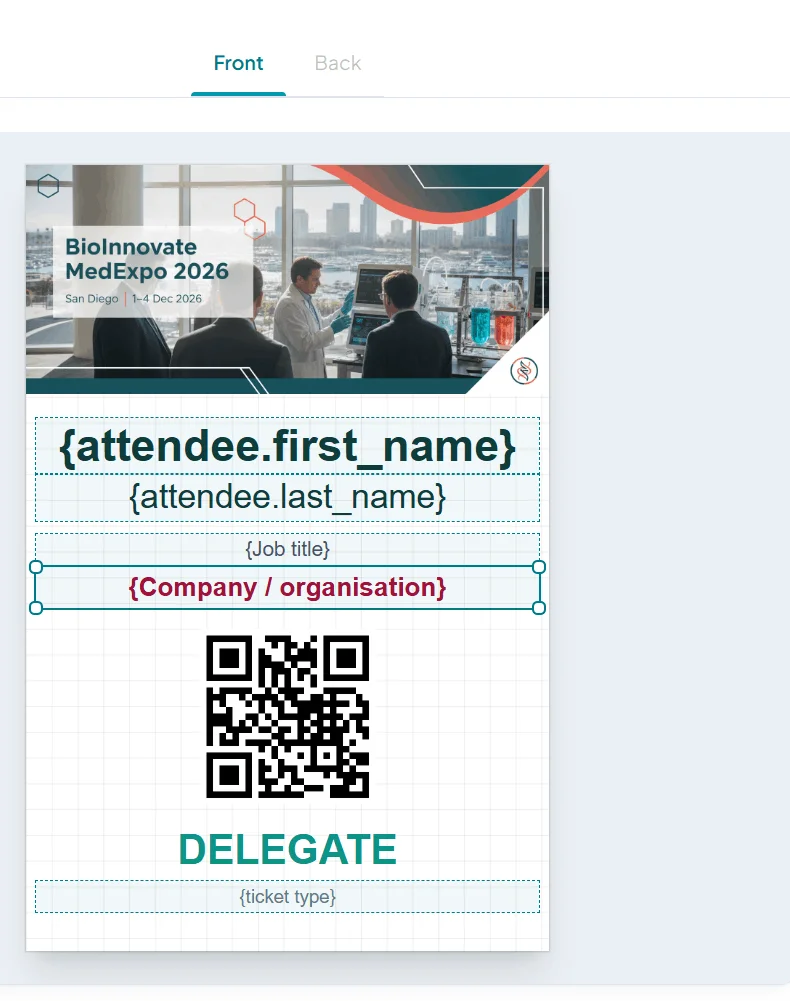 Badge designer canvas with a delegate badge: event banner, first and last name fields, job title, the selected company field, a QR code and DELEGATE