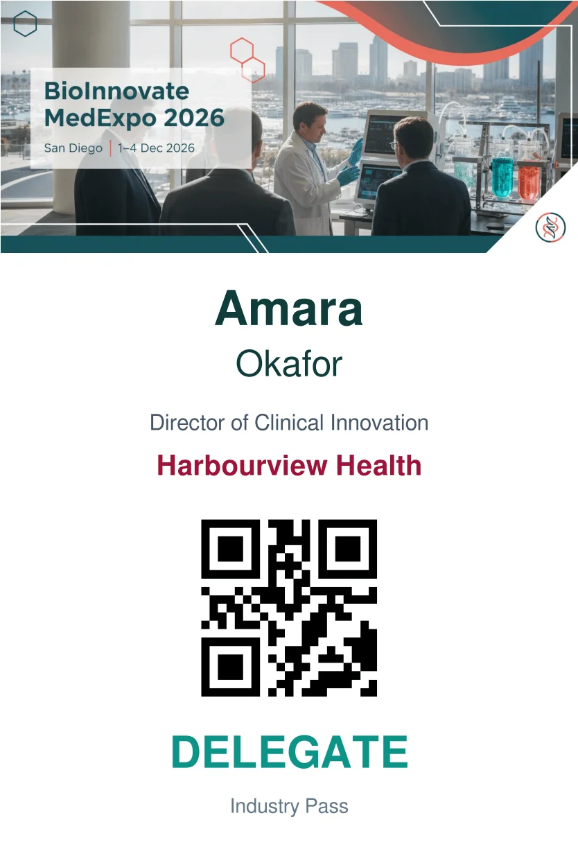 Print ready delegate badge rendered as a PDF with the event banner, the attendee's name, job title and company, a QR code and the ticket type