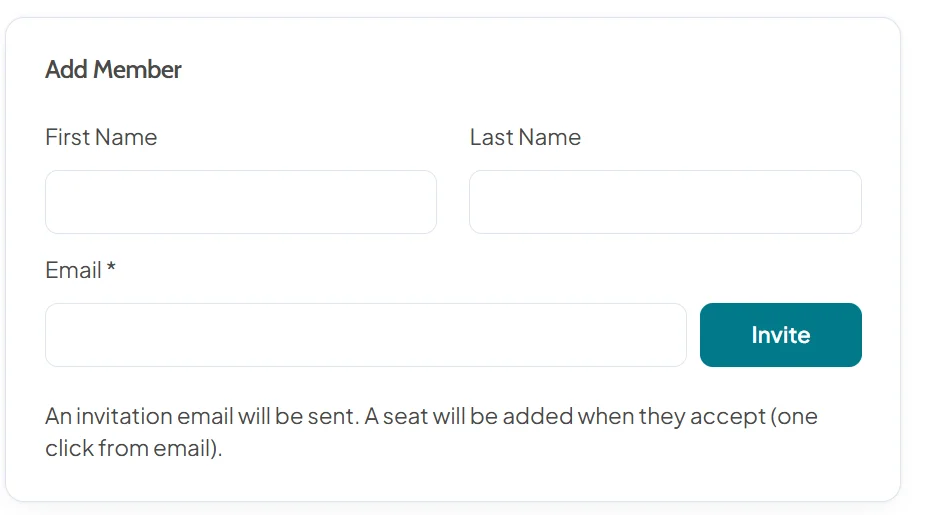 Add Member card with first name, last name and email fields and an Invite button