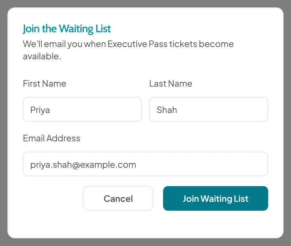 Join the Waiting List dialog for Executive Pass with first name Priya, last name Shah and the email priya.shah@example.com filled in, with Cancel and Join Waiting List buttons