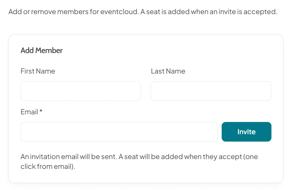 Add Member card with first name, last name and email fields and an Invite button. An invitation email is sent and a seat is added when the invite is accepted
