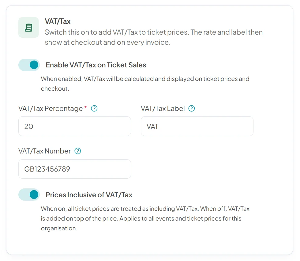 VAT settings with VAT switched on for ticket sales at 20 percent, the label VAT, a VAT number field and prices set to include VAT