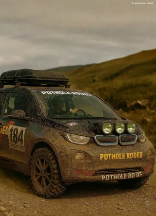 Neue Fahrzeugklasse beim Pothole Rodeo. Ein Elektroauto faehrt im Dreck herum