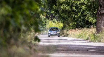 Pothole Rodeo Germany Fahrzeug fährt eine Allee entlang.