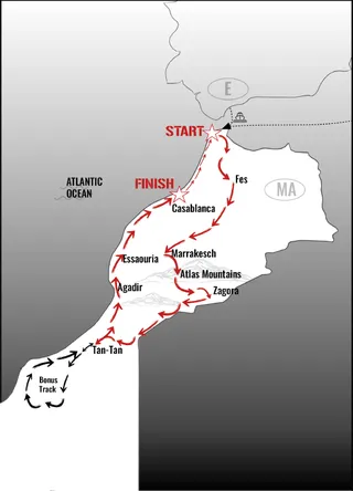 Pothole Rodeo Marokko Route: Kartenansicht von Fès, Marrakesch, Atlas, Zagora, Agadir, Casablanca