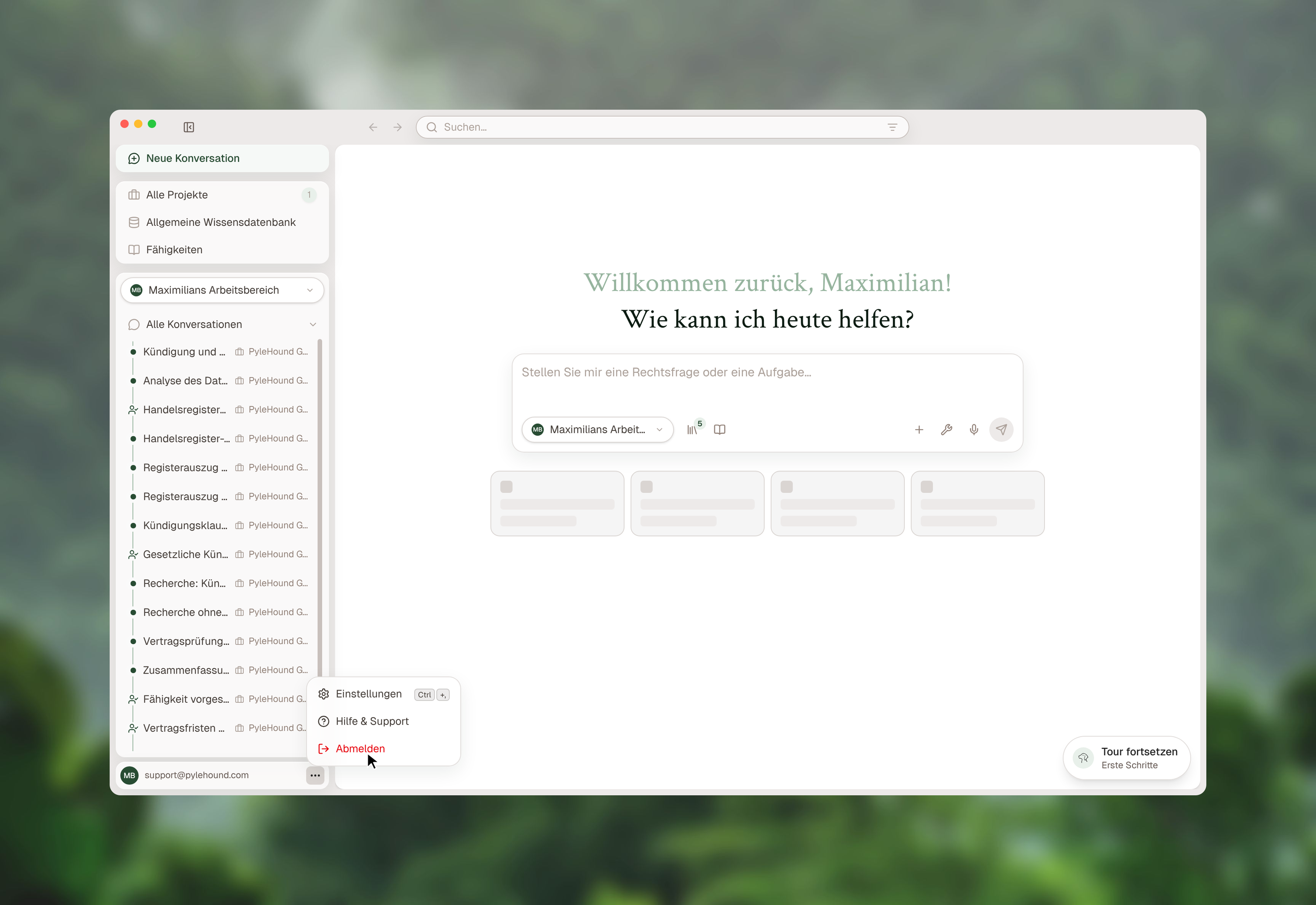 Menü unten in der Seitenleiste mit den Einträgen Einstellungen, Hilfe & Support und Abmelden