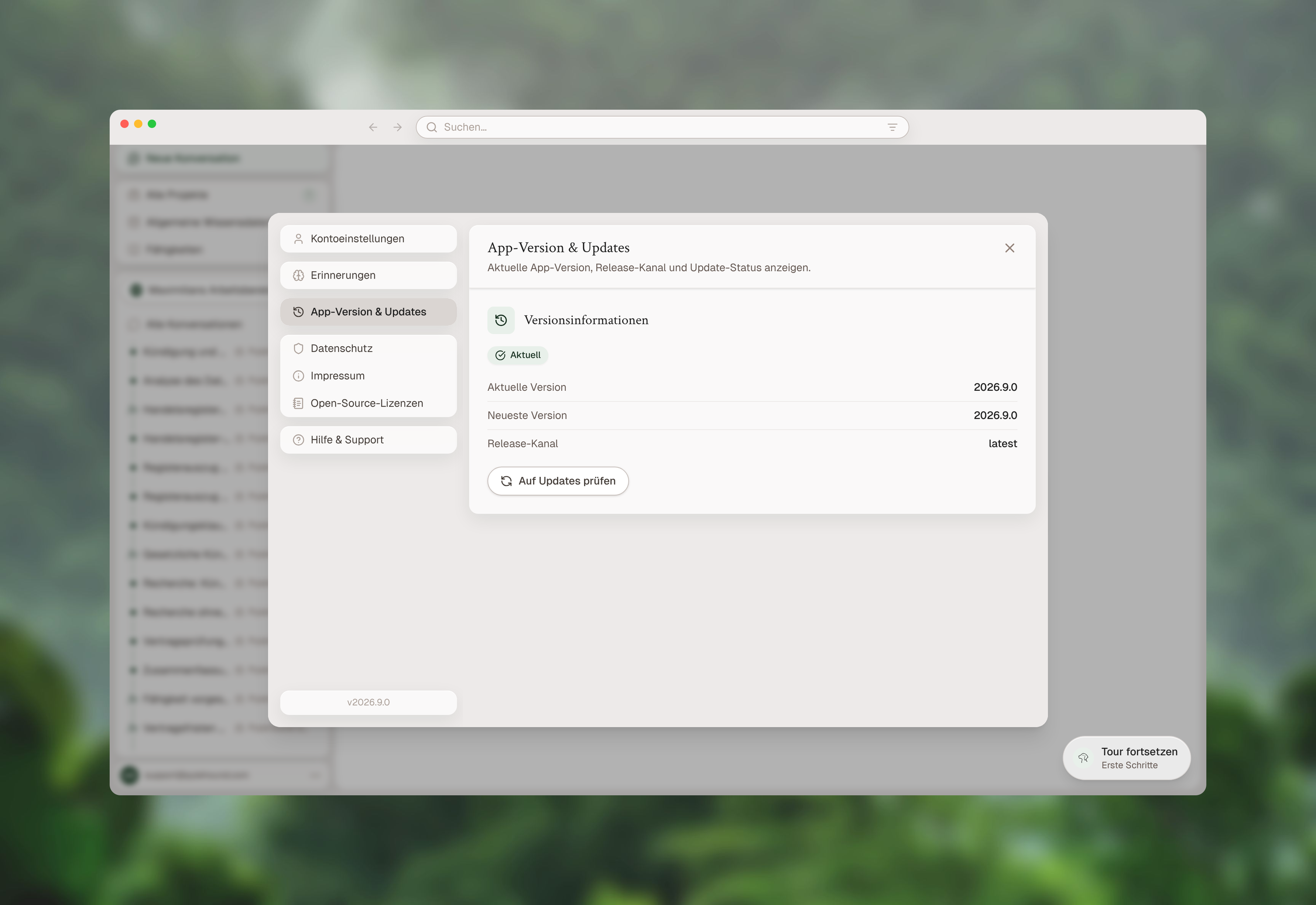 Einstellungen „App-Version & Updates“ mit aktueller und neuester Version