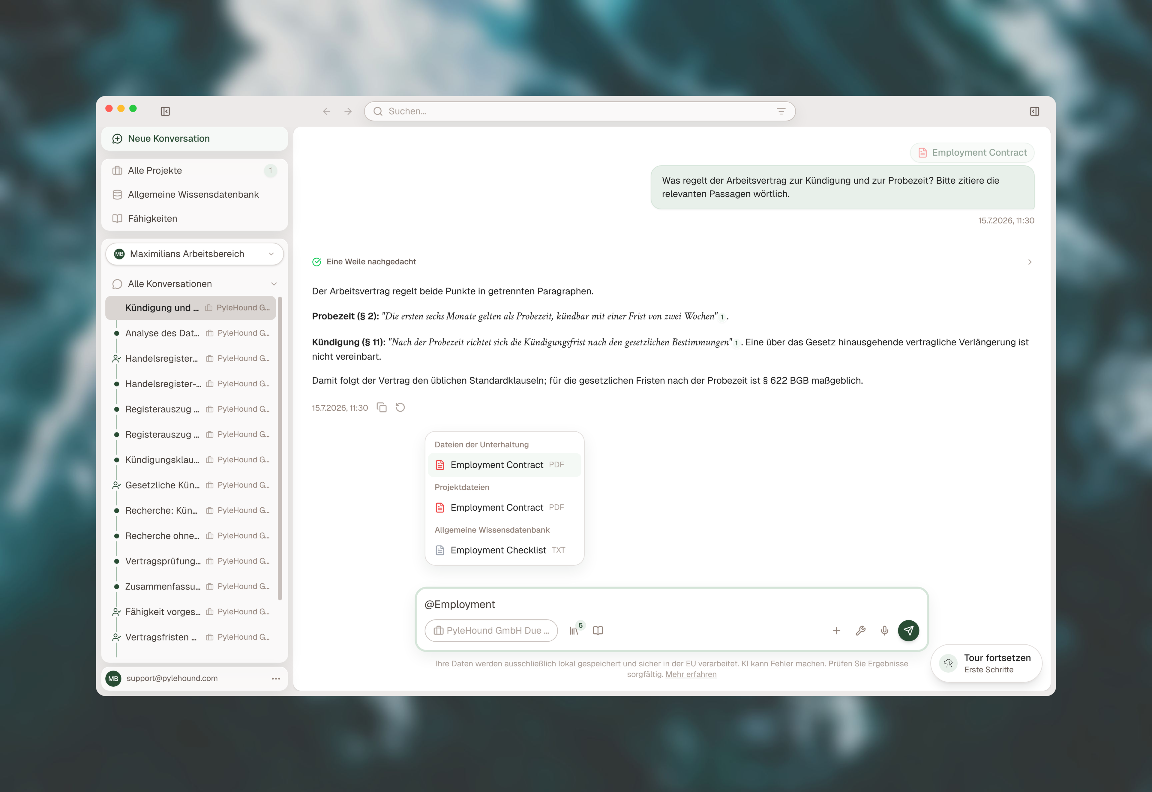 Dateivorschläge getrennt nach Unterhaltung, Projekt und Allgemeiner Wissensdatenbank