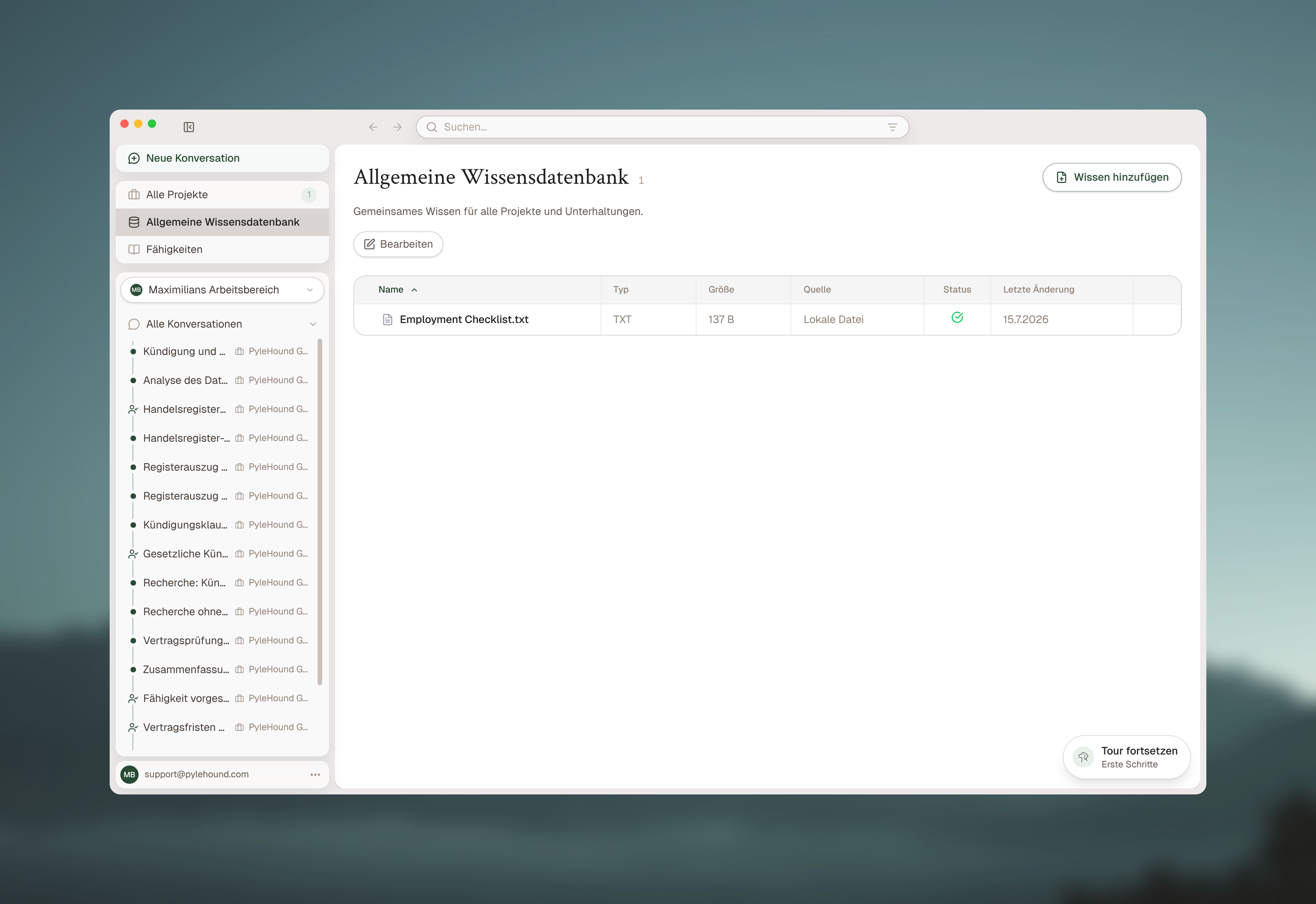 Allgemeine Wissensdatenbank mit importierter Checkliste