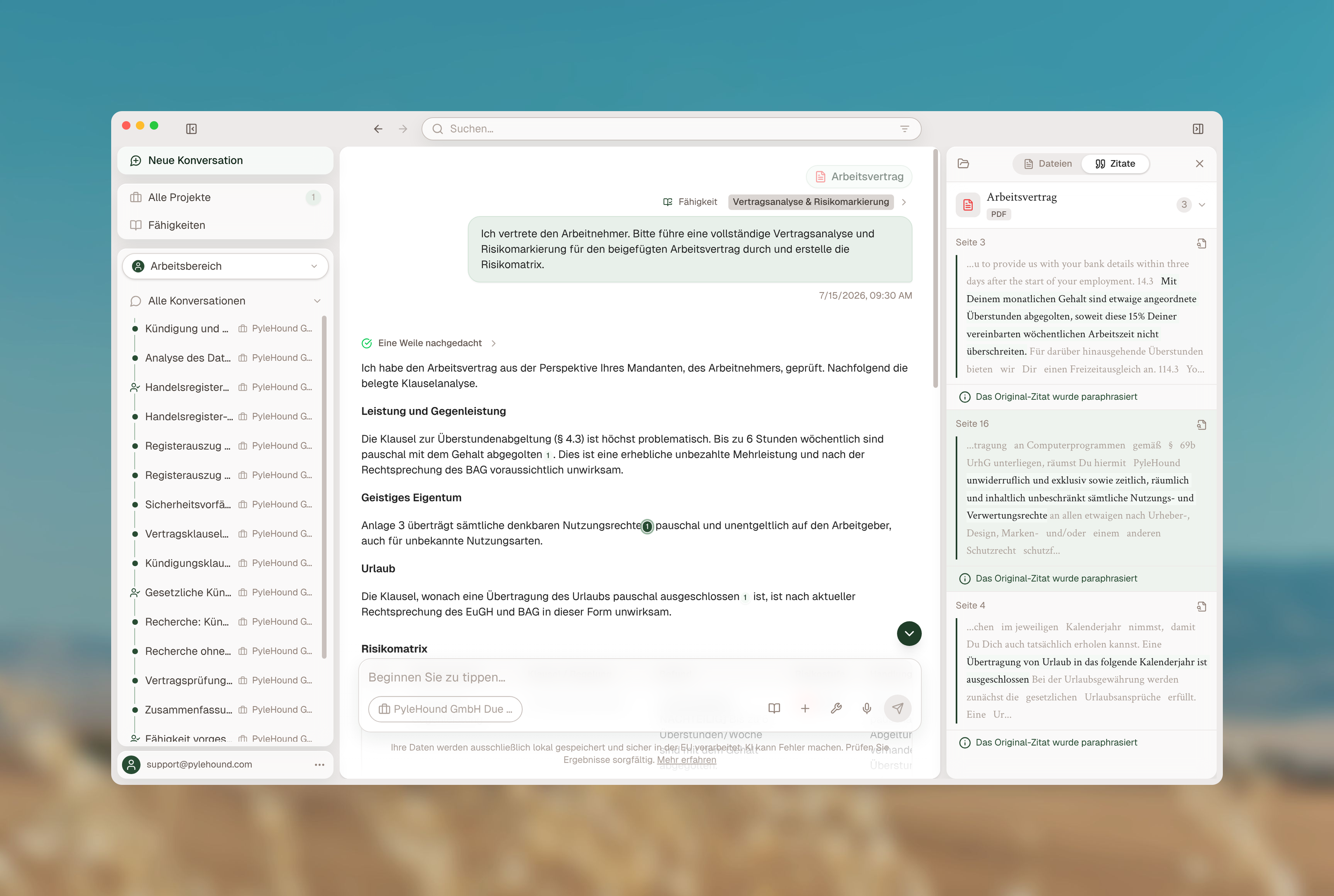 Belegbare KI-Analyse: Klick auf eine Markierung führt zur exakten Fundstelle im Vertrag