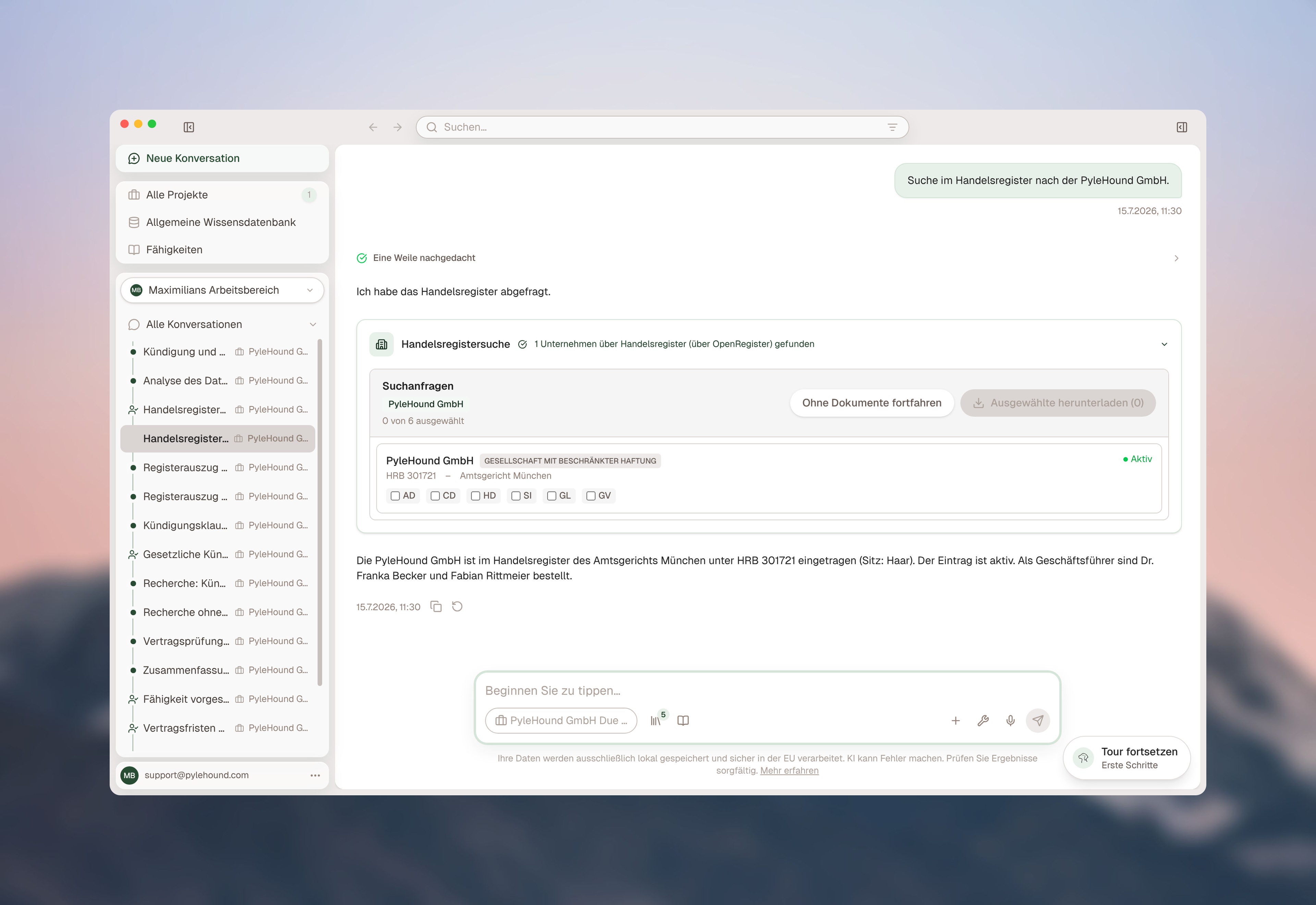 Handelsregister-Treffer in der Unterhaltung