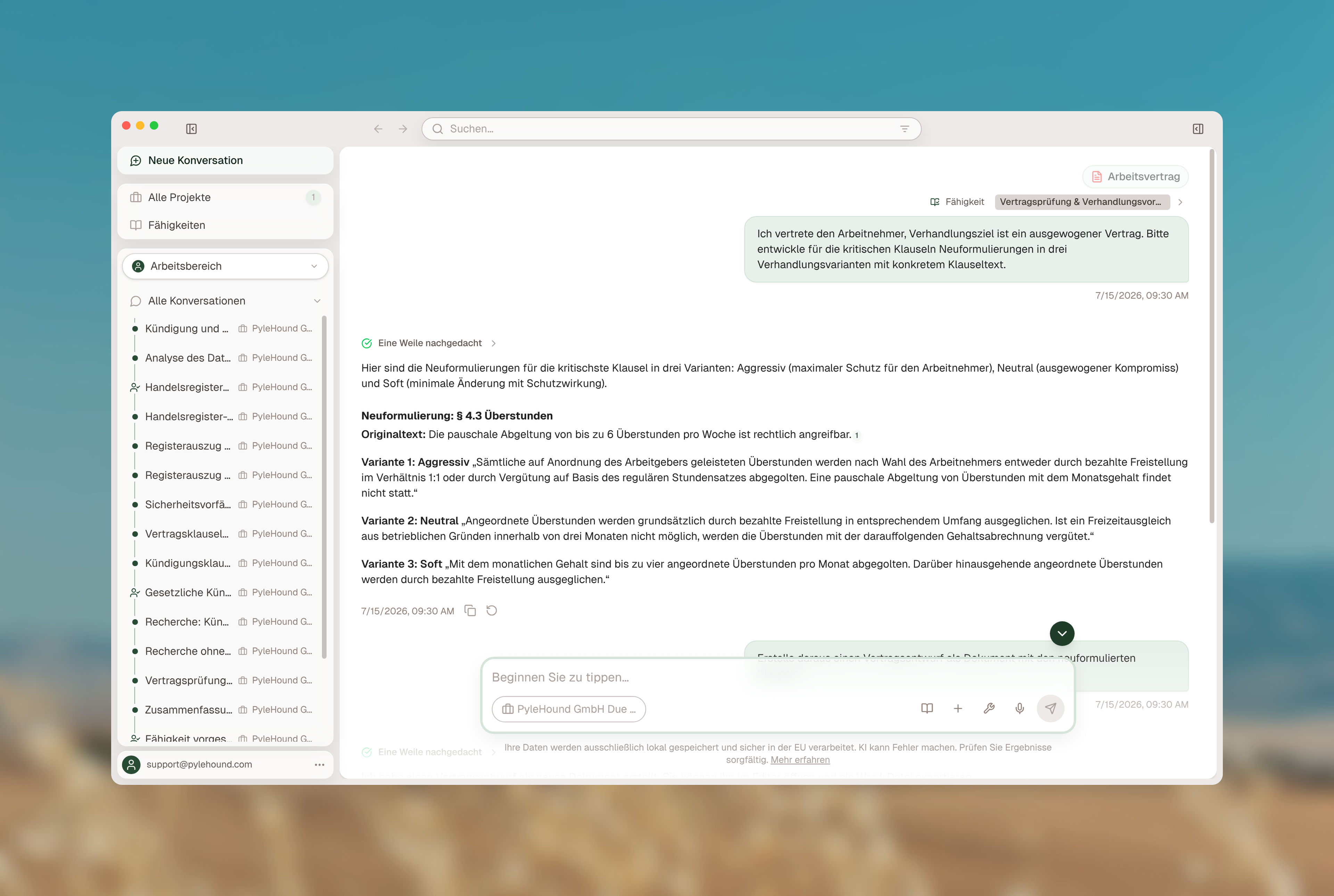 KI-Vertragsentwurf: PyleHound formuliert eine Vertragsklausel neu