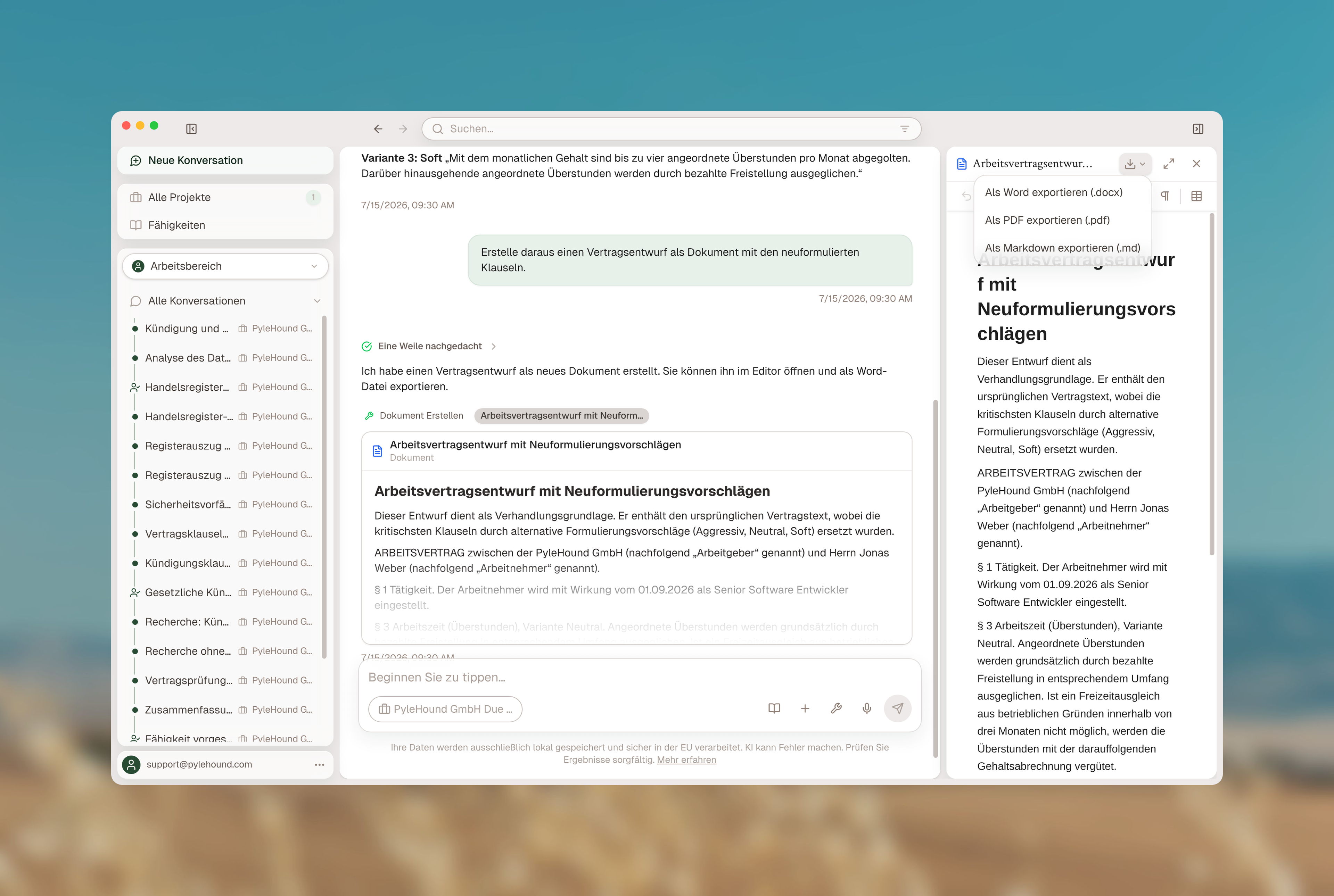 Export des KI-Vertragsentwurfs nach Microsoft Word im Kanzlei-Format