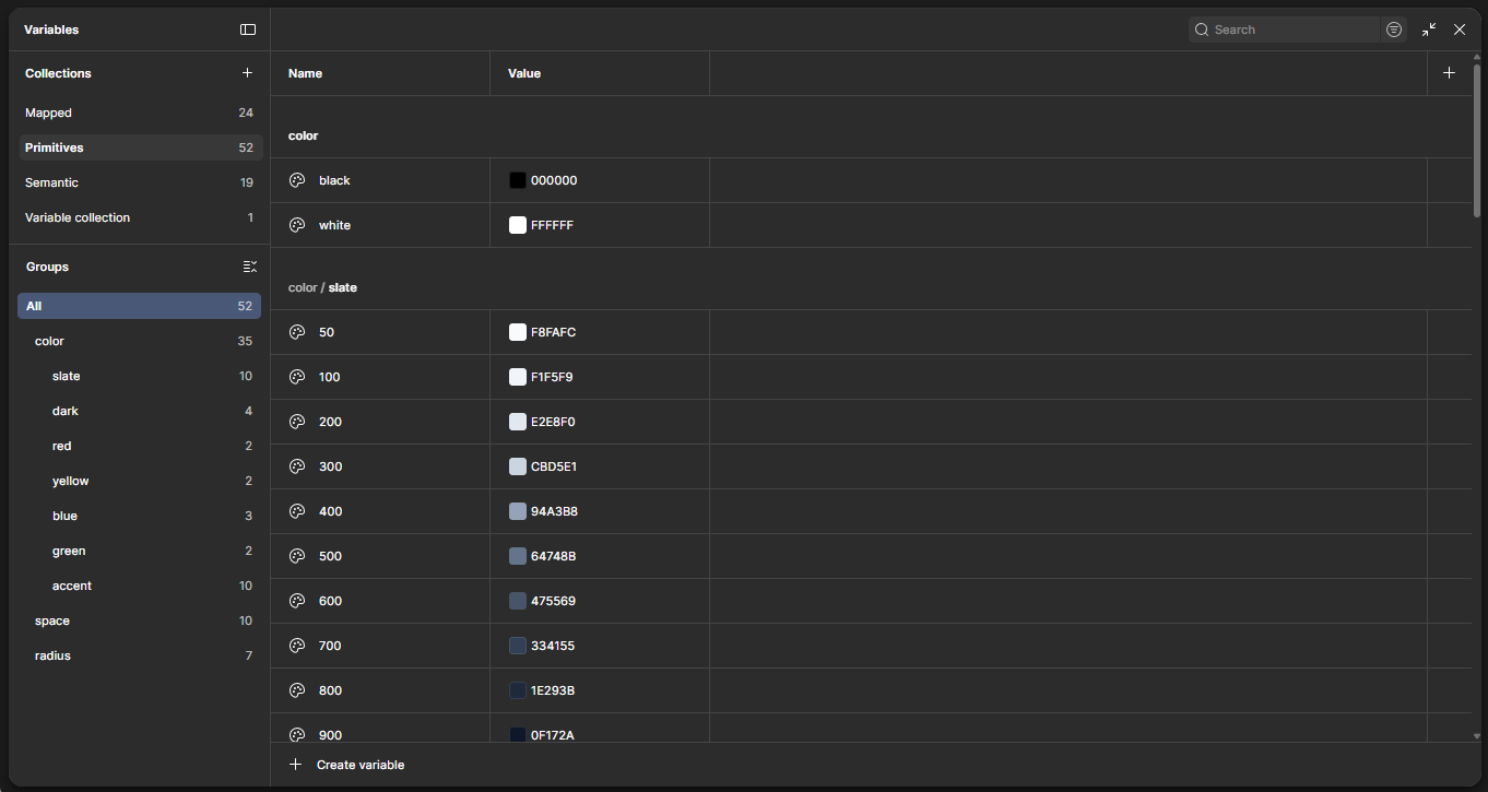 Figma variables synced to Tailwind config — single source of truth between design and code