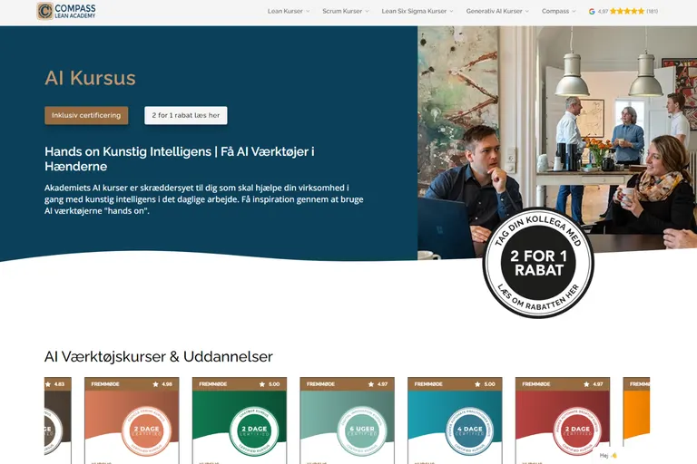 Skærmbillede af Copmpass Lean Academys hjemmesside med AI kurser