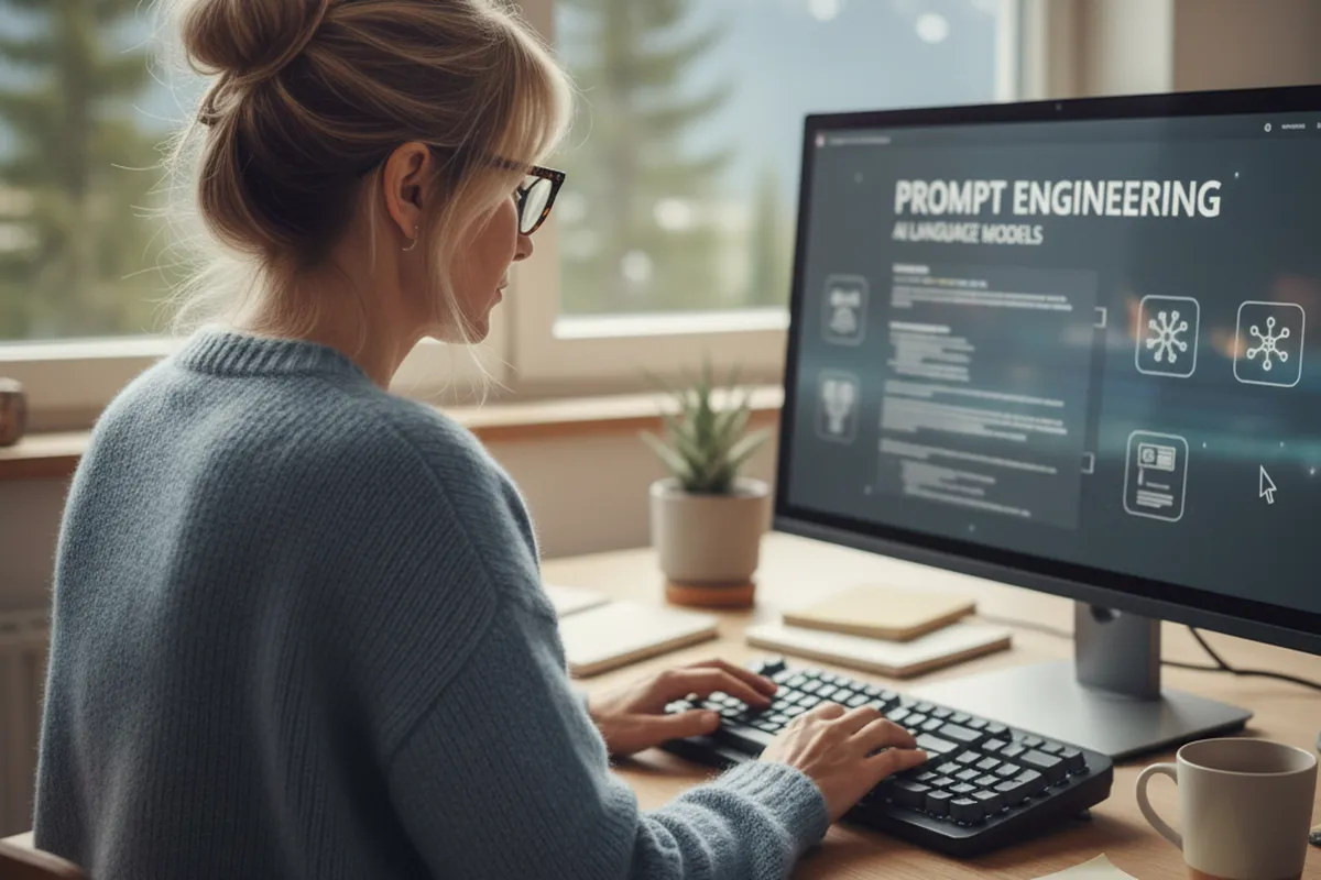 Egen alt-tekst, Kursist arbejder med prompts og AI-værktøjer på laptop under kursus (AI genereret billede)