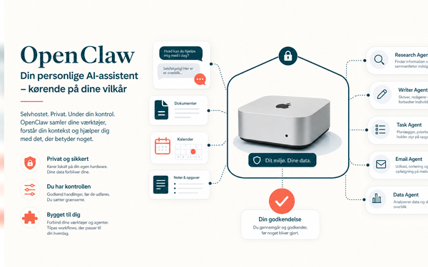 OpenClaw AI assistent vist som sikker server, chatkanaler og agenter i HverdagsAI farver